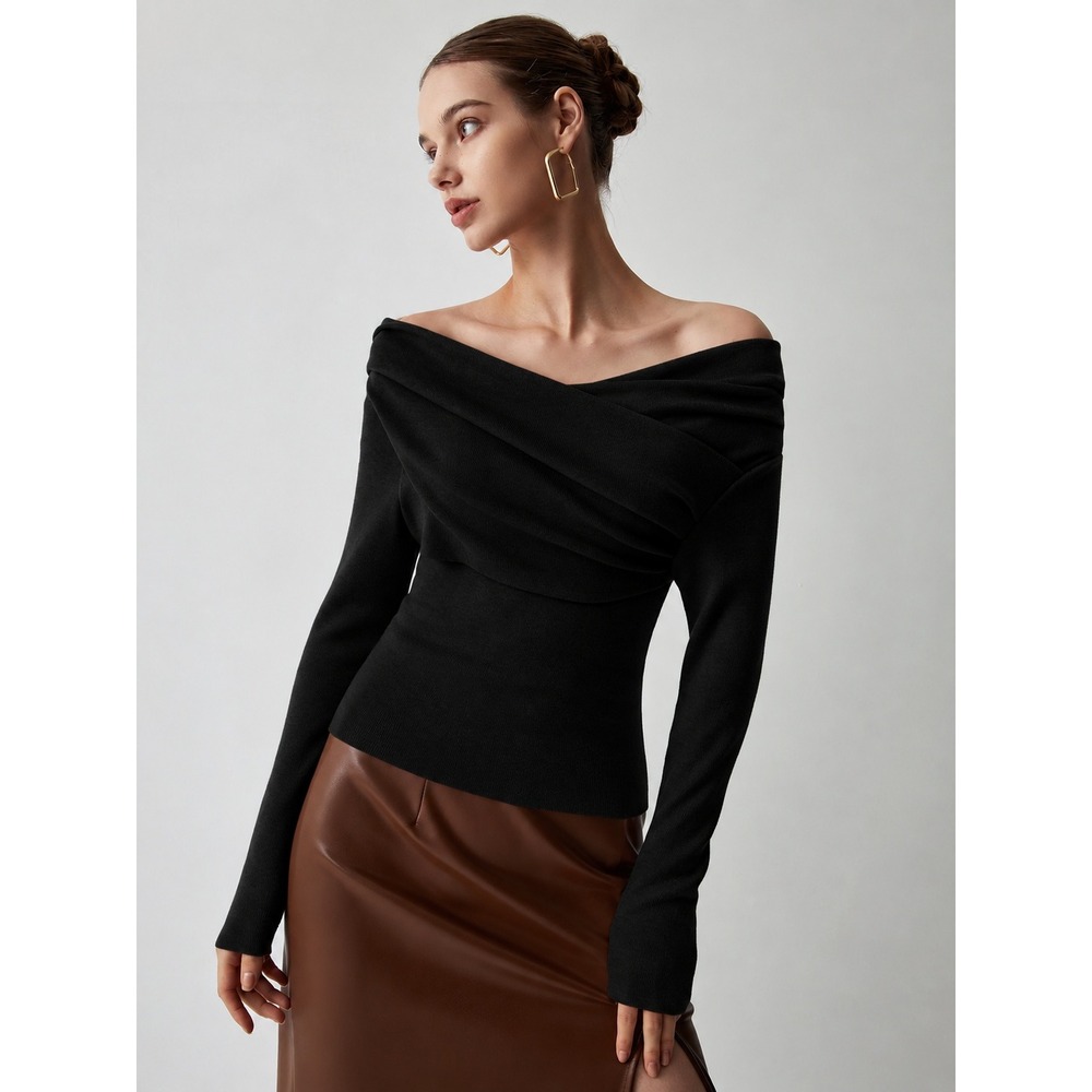 COMMENSE Off Shoulder Wrap Long Sleeve Knit Top Draped Slim Fit Size S